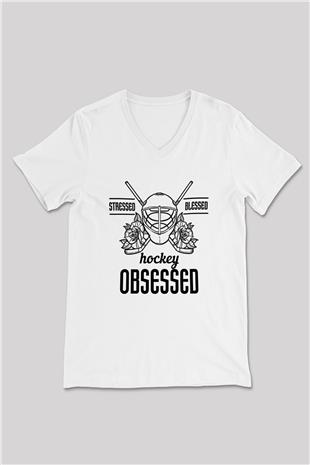 Hokey Baskılı Unisex V Yaka Tişört - Tshirt