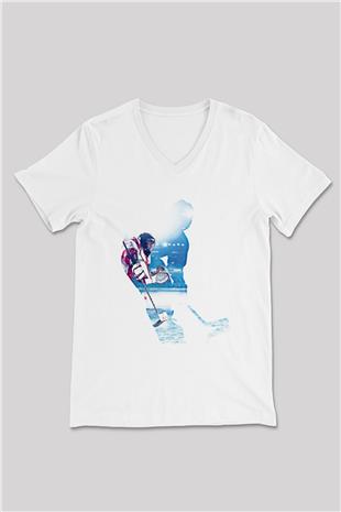 Hokey Baskılı Unisex V Yaka Tişört - Tshirt