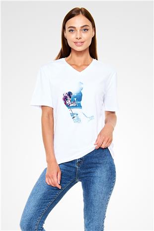Hokey Baskılı Unisex V Yaka Tişört - Tshirt