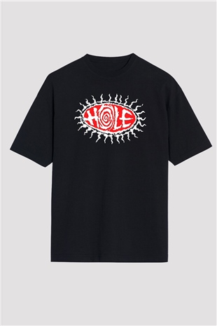 Hole Baskılı Unisex Siyah Oversize Tişört - Tshirt