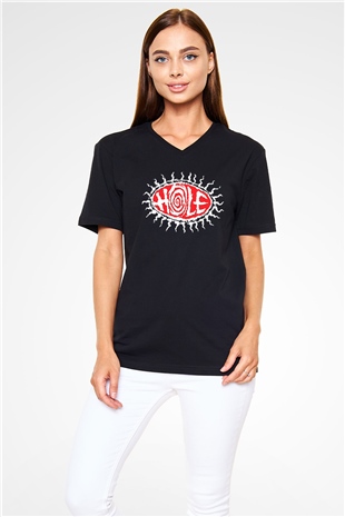 Hole Baskılı Unisex Siyah V Yaka Tişört - Tshirt