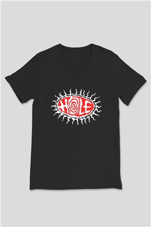 Hole Baskılı Unisex Siyah V Yaka Tişört - Tshirt