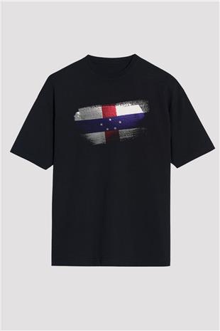 Hollanda Antilleri - Netherlands Antilles Bayrağı Baskılı Unisex Siyah Oversize Tişört