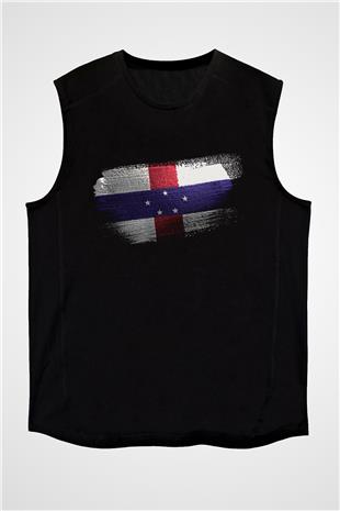 Hollanda Antilleri - Netherlands Antilles Bayrağı Baskılı Unisex Siyah Kolsuz Tişört