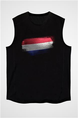 Hollanda - Netherlands Bayrağı Baskılı Unisex Siyah Kolsuz Tişört