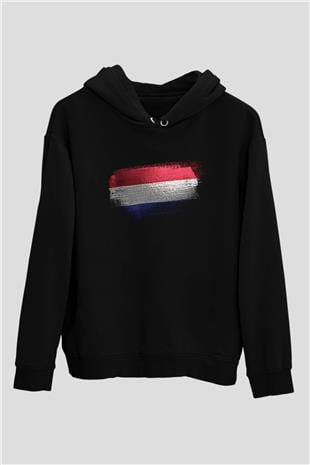 Hollanda - Netherlands Bayrağı Baskılı Unisex Siyah Hoodie