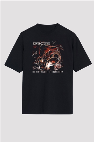 Holy Moses Baskılı Unisex Siyah Oversize Tişört - Tshirt