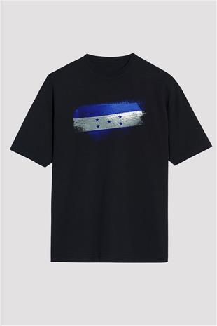 Honduras Bayrağı Baskılı Unisex Siyah Oversize Tişört