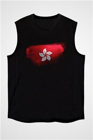 Hong Kong Bayrağı Baskılı Unisex Siyah Kolsuz Tişört