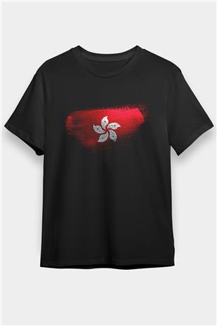 Hong Kong Bayrağı Baskılı Unisex Siyah Tişört