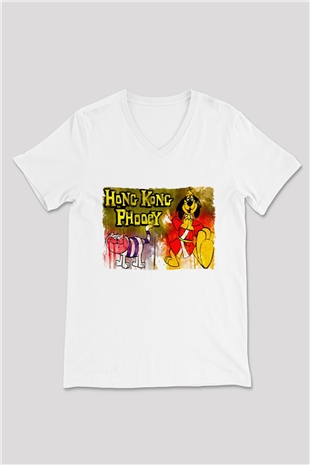 Hong Kong Phooey Beyaz Unisex  V Yaka Tişört