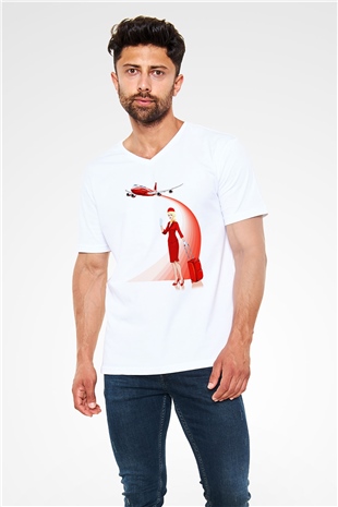 Hostes Beyaz Unisex V Yaka Tişört T-Shirt