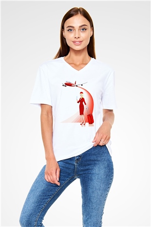 Hostes Beyaz Unisex V Yaka Tişört T-Shirt