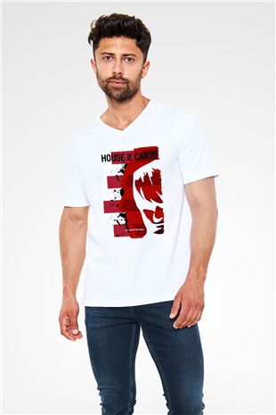House of Cards Beyaz Unisex V Yaka Tişört