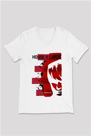 House of Cards Beyaz Unisex V Yaka Tişört