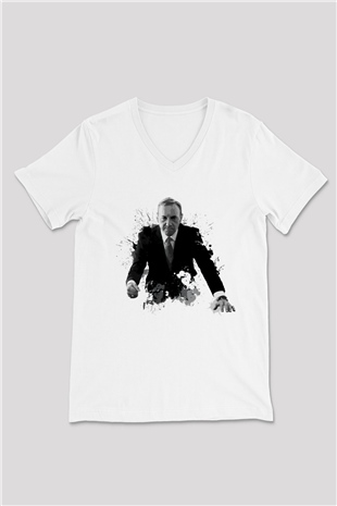 House of Cards Beyaz Unisex V Yaka Tişört