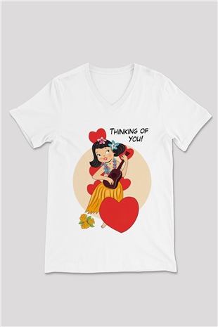 Hula Beyaz Unisex V Yaka Tişört