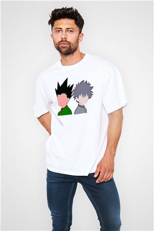 Hunter X Hunter Baskılı Beyaz Unisex Oversize Tişört - Tshirt
