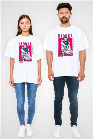 Hunter X Hunter Baskılı Beyaz Unisex Oversize Tişört - Tshirt