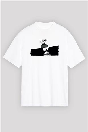 Hunter X Hunter Baskılı Beyaz Unisex Oversize Tişört - Tshirt