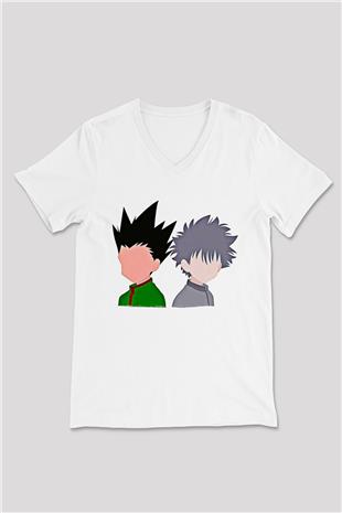 Hunter X Hunter Baskılı Beyaz Unisex V Yaka Tişört - Tshirt
