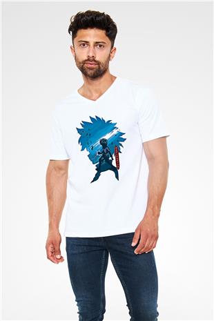 Hunter X Hunter Baskılı Beyaz Unisex V Yaka Tişört - Tshirt