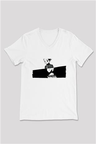 Hunter X Hunter Baskılı Beyaz Unisex V Yaka Tişört - Tshirt