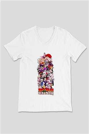 Hunter X Hunter Baskılı Beyaz Unisex V Yaka Tişört - Tshirt