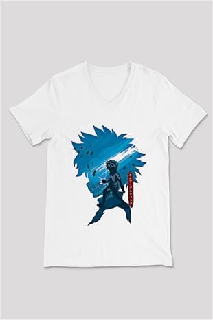 Hunter X Hunter Baskılı Beyaz Unisex V Yaka Tişört - Tshirt