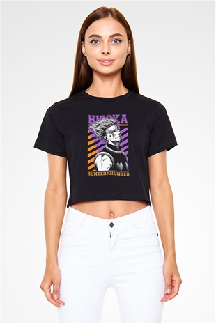 Hunter X Hunter Baskılı Siyah Crop Top Kadın Tişört - Tshirt