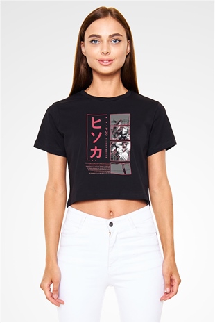 Hunter X Hunter Baskılı Siyah Crop Top Kadın Tişört - Tshirt
