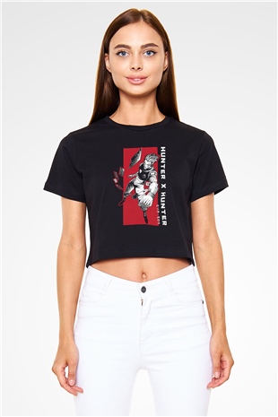 Hunter X Hunter Baskılı Siyah Crop Top Kadın Tişört - Tshirt