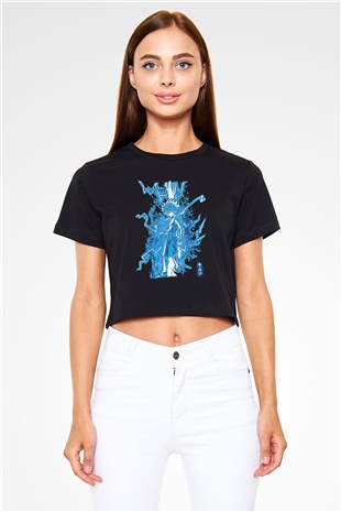 Hunter X Hunter Baskılı Siyah Crop Top Kadın Tişört - Tshirt