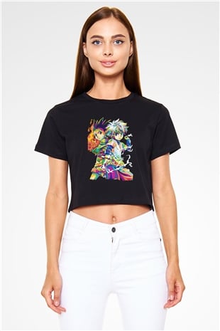 Hunter X Hunter Baskılı Siyah Crop Top Kadın Tişört - Tshirt