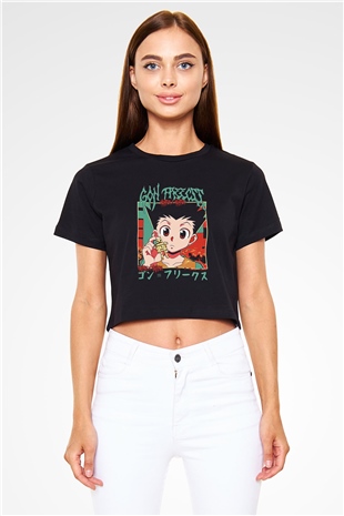 Hunter X Hunter Baskılı Siyah Crop Top Kadın Tişört - Tshirt