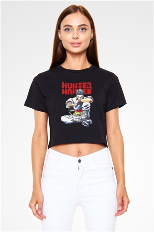 Hunter X Hunter Baskılı Siyah Crop Top Kadın Tişört - Tshirt