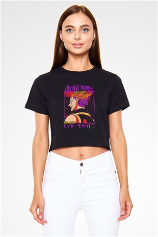 Hunter X Hunter Baskılı Siyah Crop Top Kadın Tişört - Tshirt