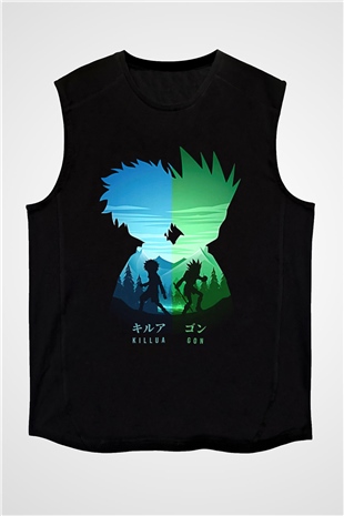Hunter X Hunter Baskılı Unisex Siyah Kolsuz Tişört - Tshirt