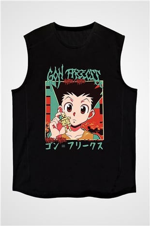Hunter X Hunter Baskılı Unisex Siyah Kolsuz Tişört - Tshirt