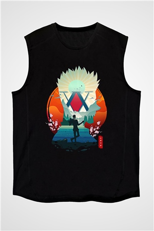 Hunter X Hunter Baskılı Unisex Siyah Kolsuz Tişört - Tshirt