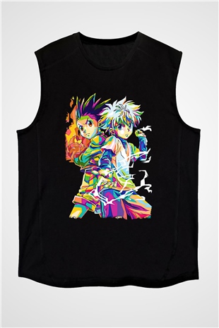 Hunter X Hunter Baskılı Unisex Siyah Kolsuz Tişört - Tshirt