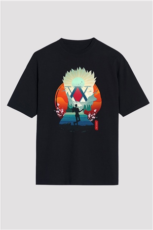 Hunter X Hunter Baskılı Unisex Siyah Oversize Tişört - Tshirt