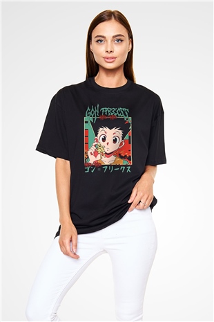 Hunter X Hunter Baskılı Unisex Siyah Oversize Tişört - Tshirt