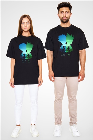 Hunter X Hunter Baskılı Unisex Siyah Oversize Tişört - Tshirt