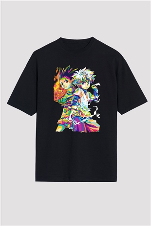 Hunter X Hunter Baskılı Unisex Siyah Oversize Tişört - Tshirt