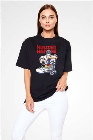 Hunter X Hunter Baskılı Unisex Siyah Oversize Tişört - Tshirt