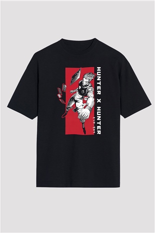 Hunter X Hunter Baskılı Unisex Siyah Oversize Tişört - Tshirt