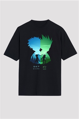 Hunter X Hunter Baskılı Unisex Siyah Oversize Tişört - Tshirt