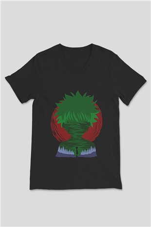Hunter X Hunter Baskılı Unisex Siyah V Yaka Tişört - Tshirt
