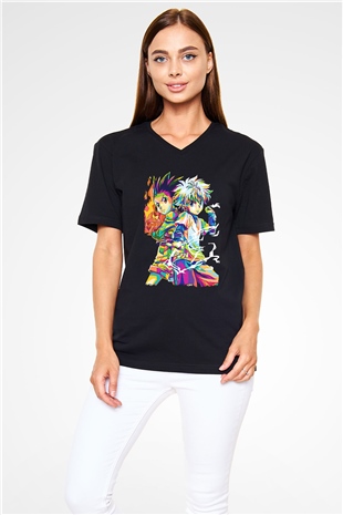 Hunter X Hunter Baskılı Unisex Siyah V Yaka Tişört - Tshirt